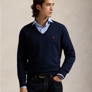 Polo by Ralph Lauren Men's Cotton Navy  V- Neck Sweater